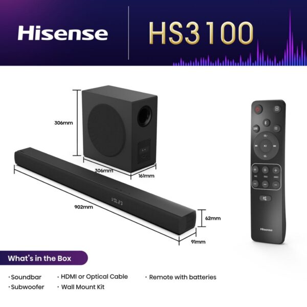 Hisense 480W 3.1 Channel Bluetooth Sound Bar with Wireless Subwoofer - Image 12